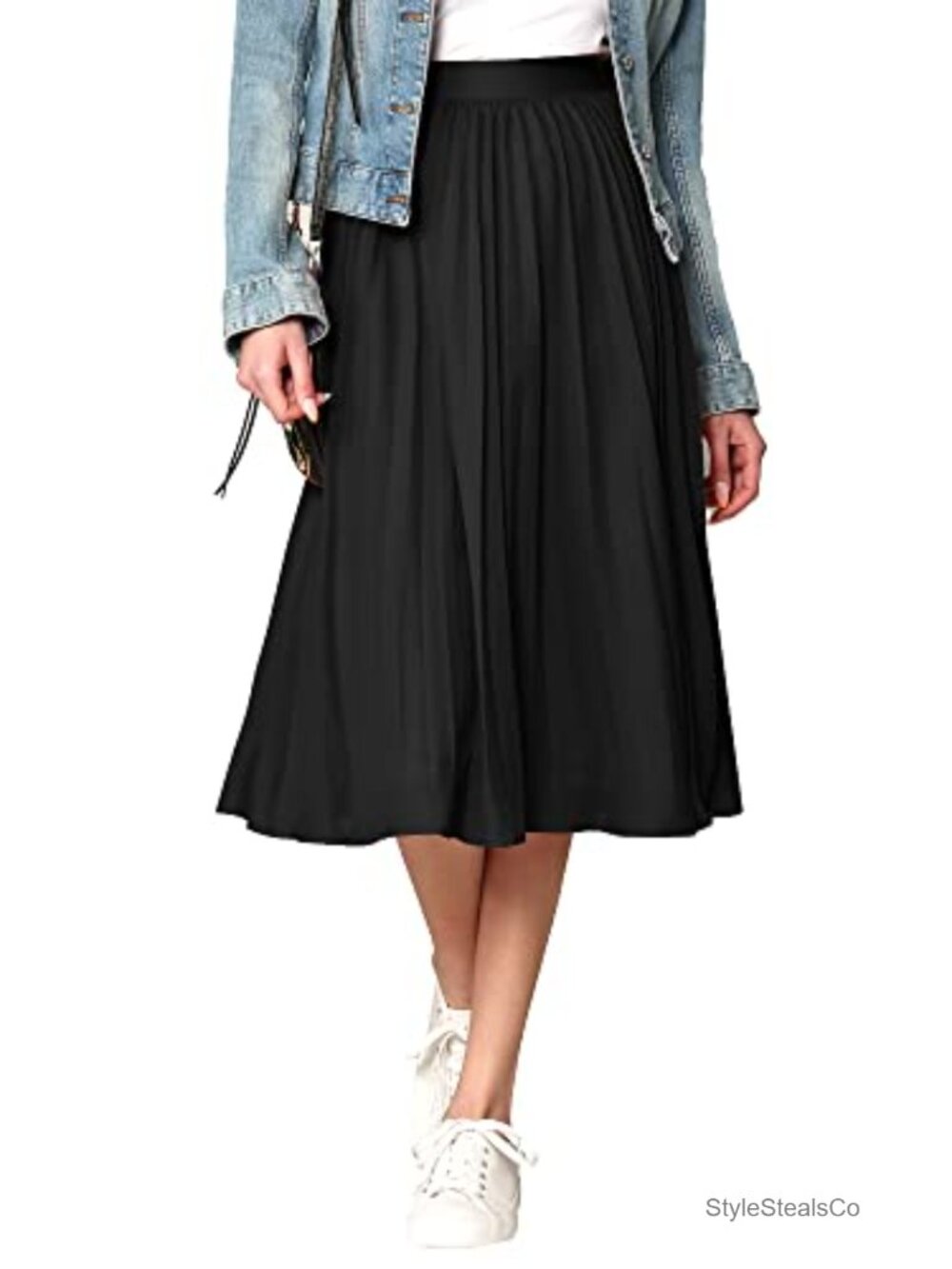 High Elastic Waist Pleated Midi A-Line Swing Skirt
